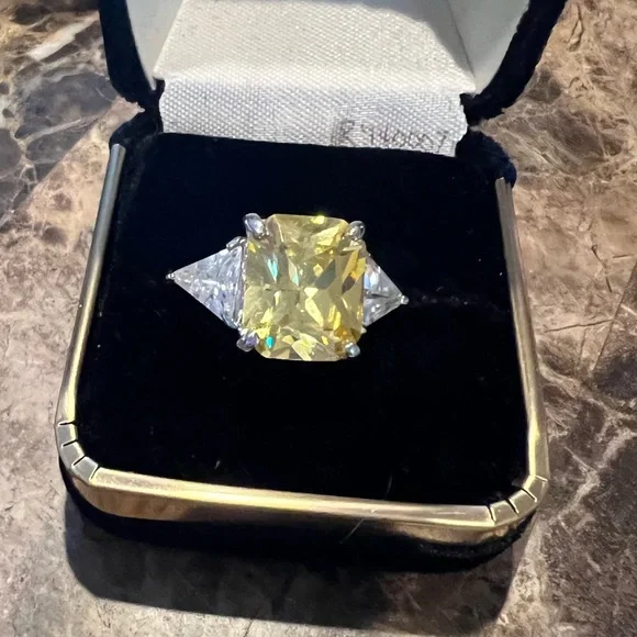 Yellow Sapphire Ring w simulated Triangle diamonds 14k Gold Plated on Sterling - Picture 7 of 7